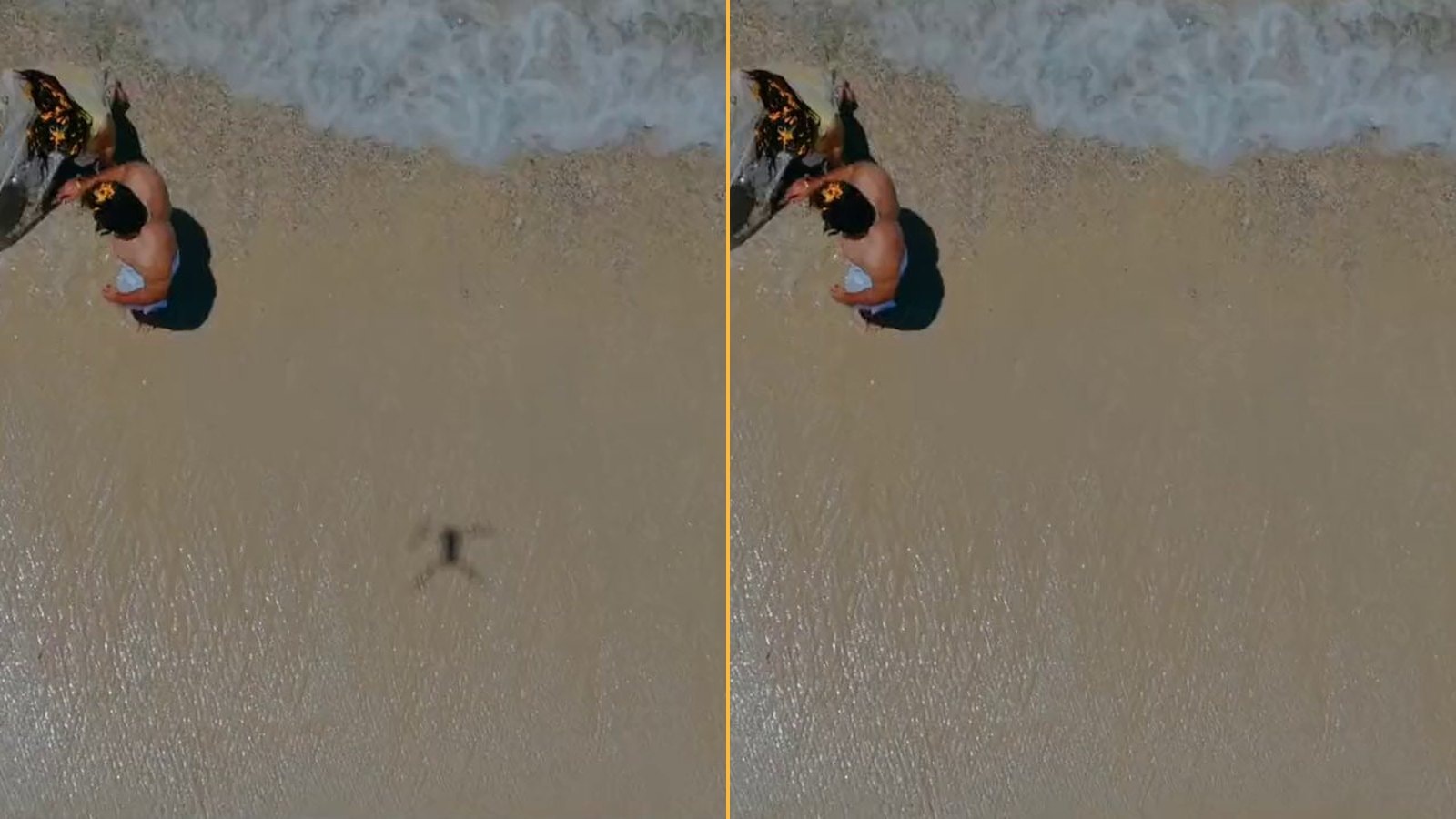 The same patch of wet sand twice, side by side: on the left a drone's shadow, on the right the DroneClean output without it.