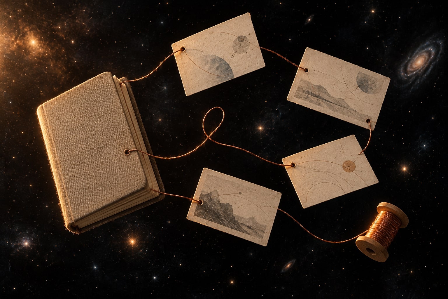 Conceptual illustration of a linen notebook and memory cards connected by a copper thread in space.