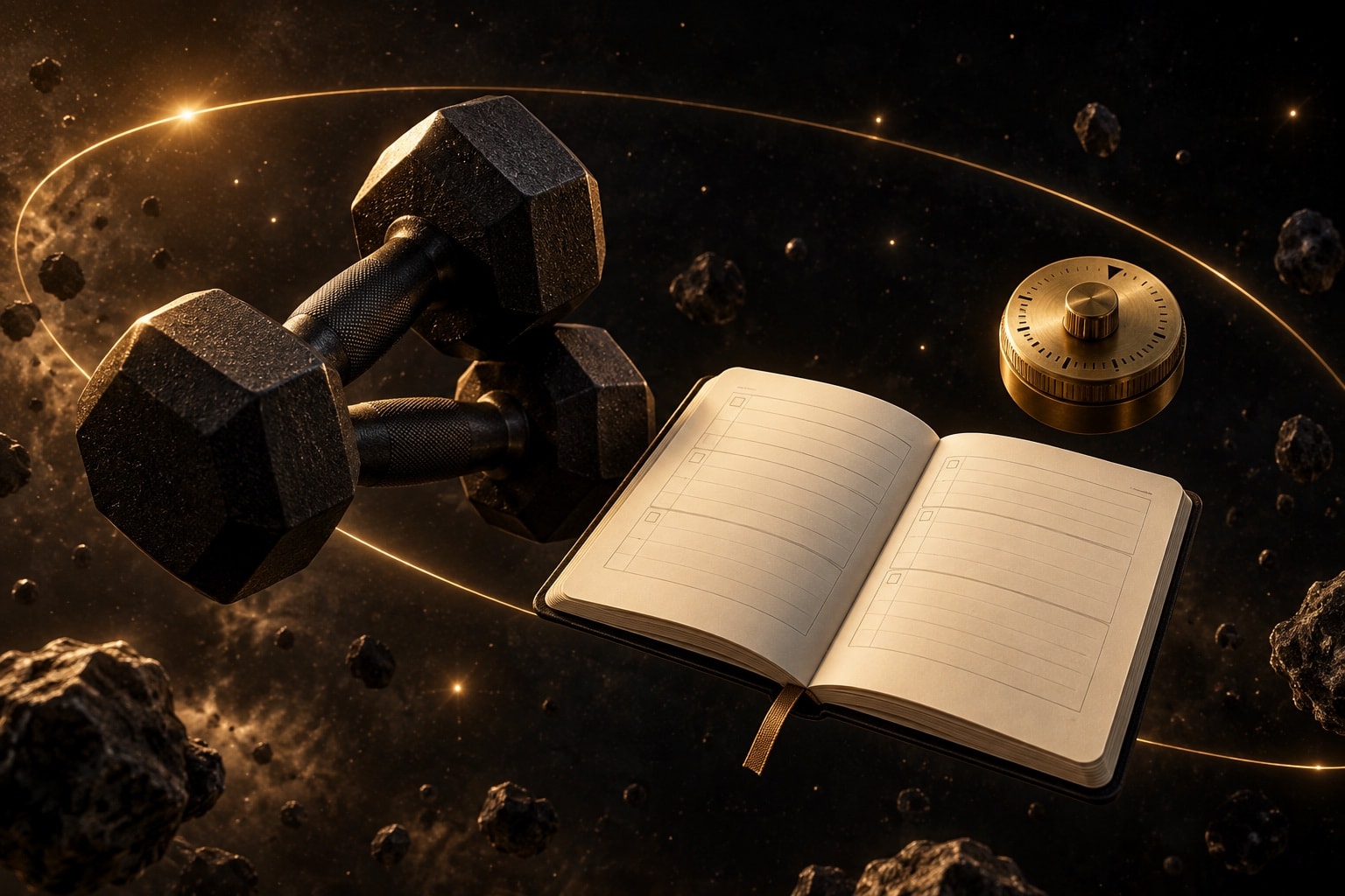 Conceptual illustration of black dumbbells, an open workout notebook and a brass rest timer floating in space.