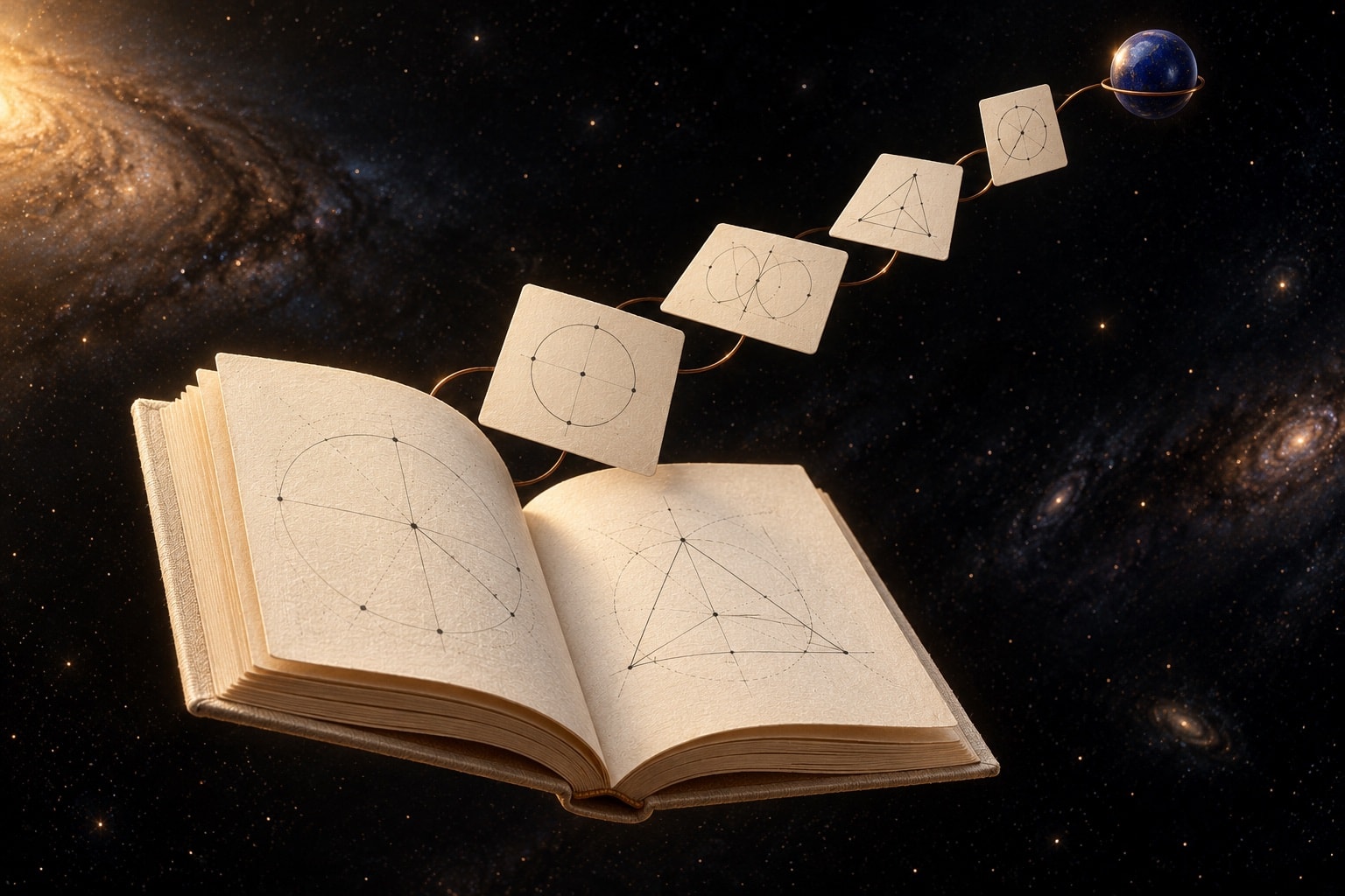 Conceptual illustration of an open book and study cards connected by copper wire to a lapis-blue sphere in space.