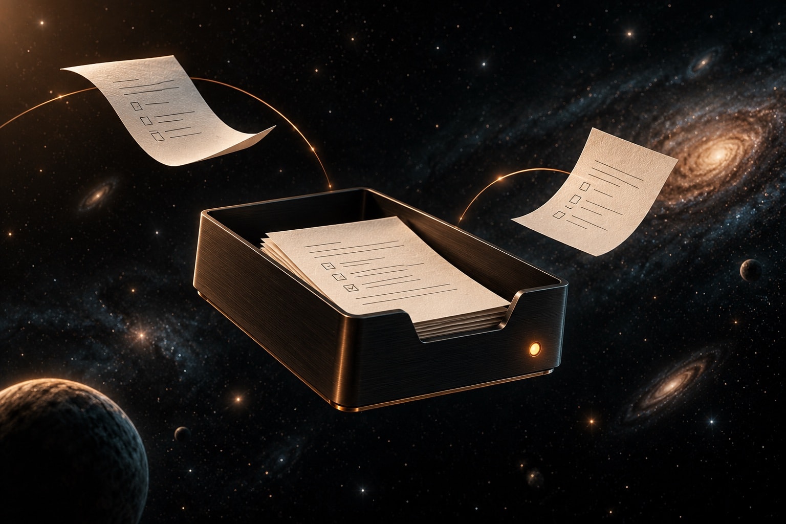 Conceptual illustration of paper forms arriving in a dark metal inbox in space.