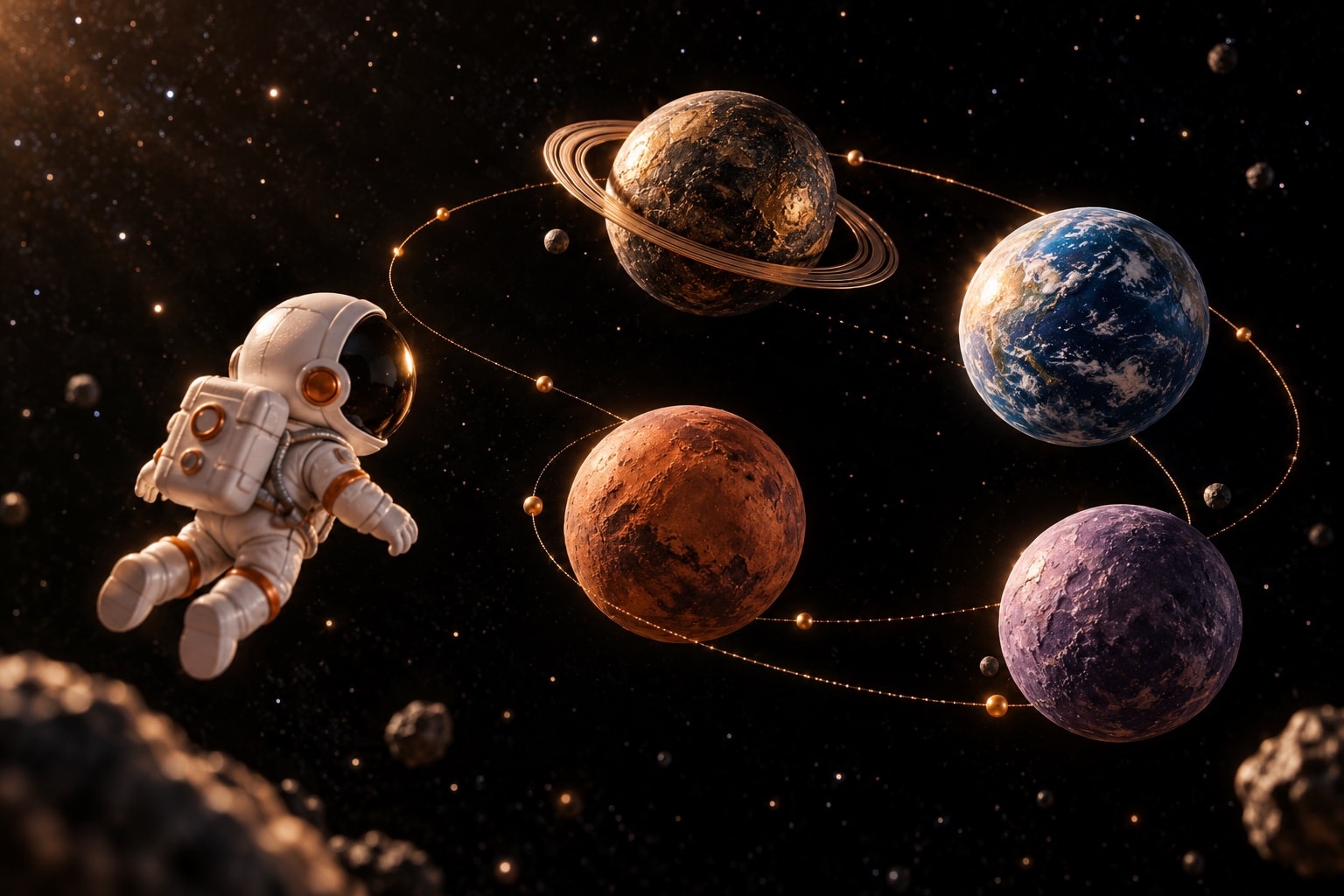 Conceptual illustration of a white toy astronaut navigating between four small planets in space.