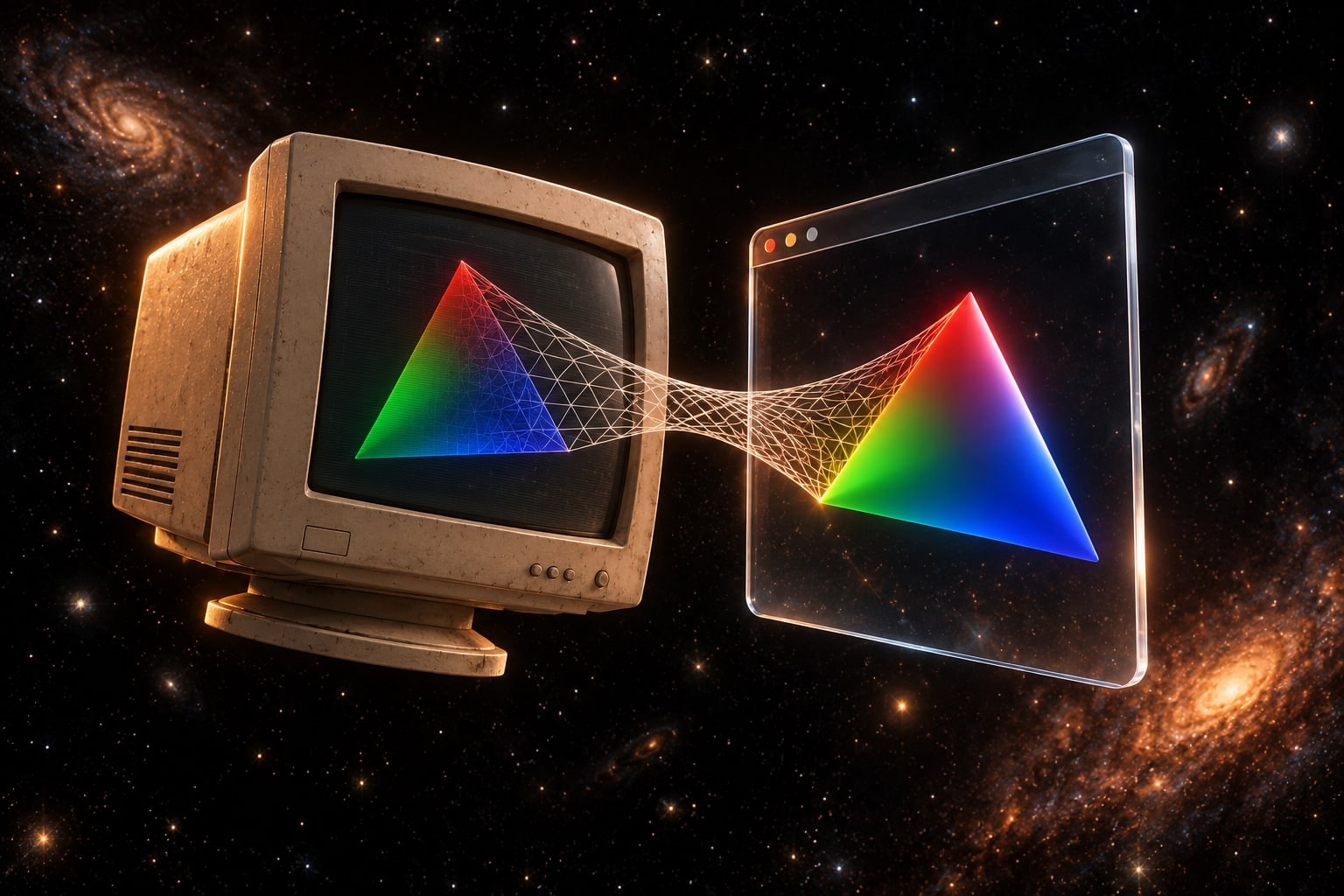 Conceptual illustration of a retro CRT and a glass browser window linked by a ribbon of colored 3D triangles in space.