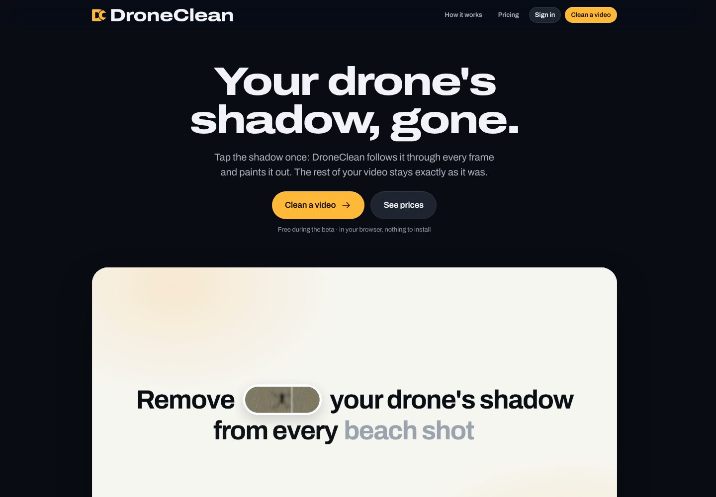 The DroneClean landing page in a desktop browser: the title, the two actions and the start of the launch film.