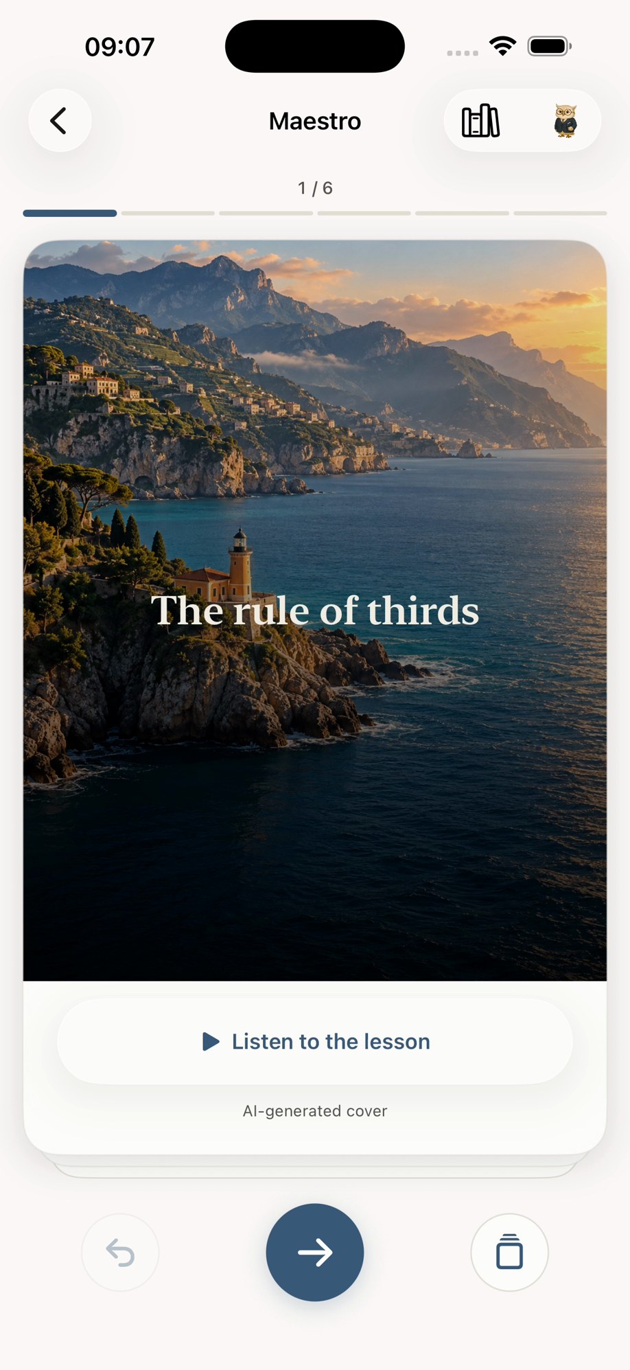 Maestro's lesson opening card for The rule of thirds, with a photograph and lesson audio controls.