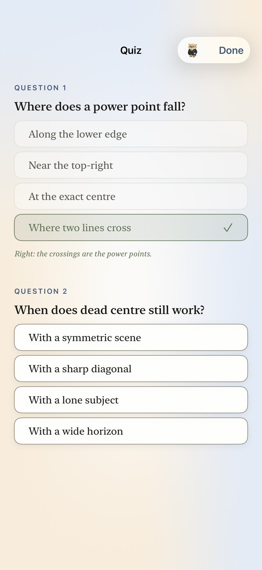 Maestro's quiz screen with answer choices and feedback.