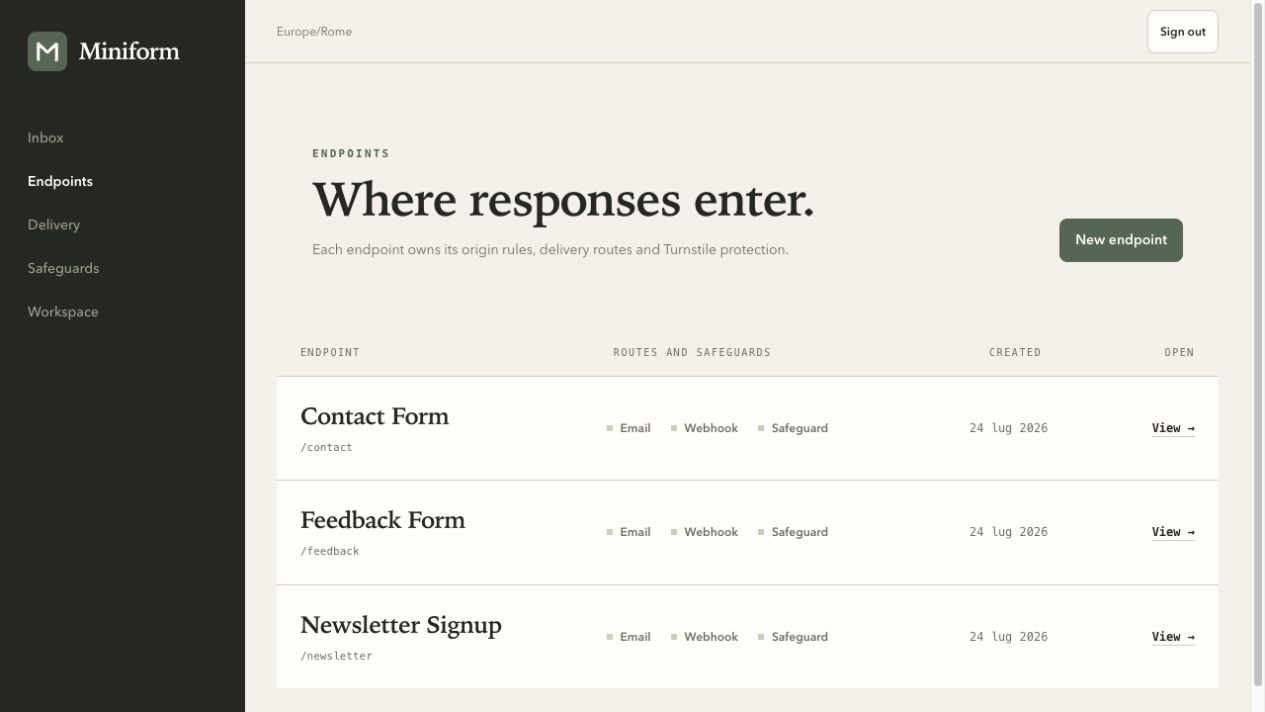 Miniform's endpoint list, with separate Contact Form, Feedback Form and Newsletter Signup endpoints.
