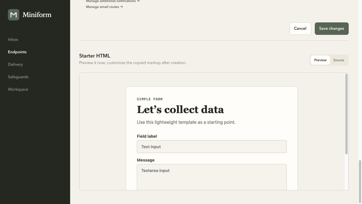 Miniform's Starter HTML Preview tab displaying a sample form.