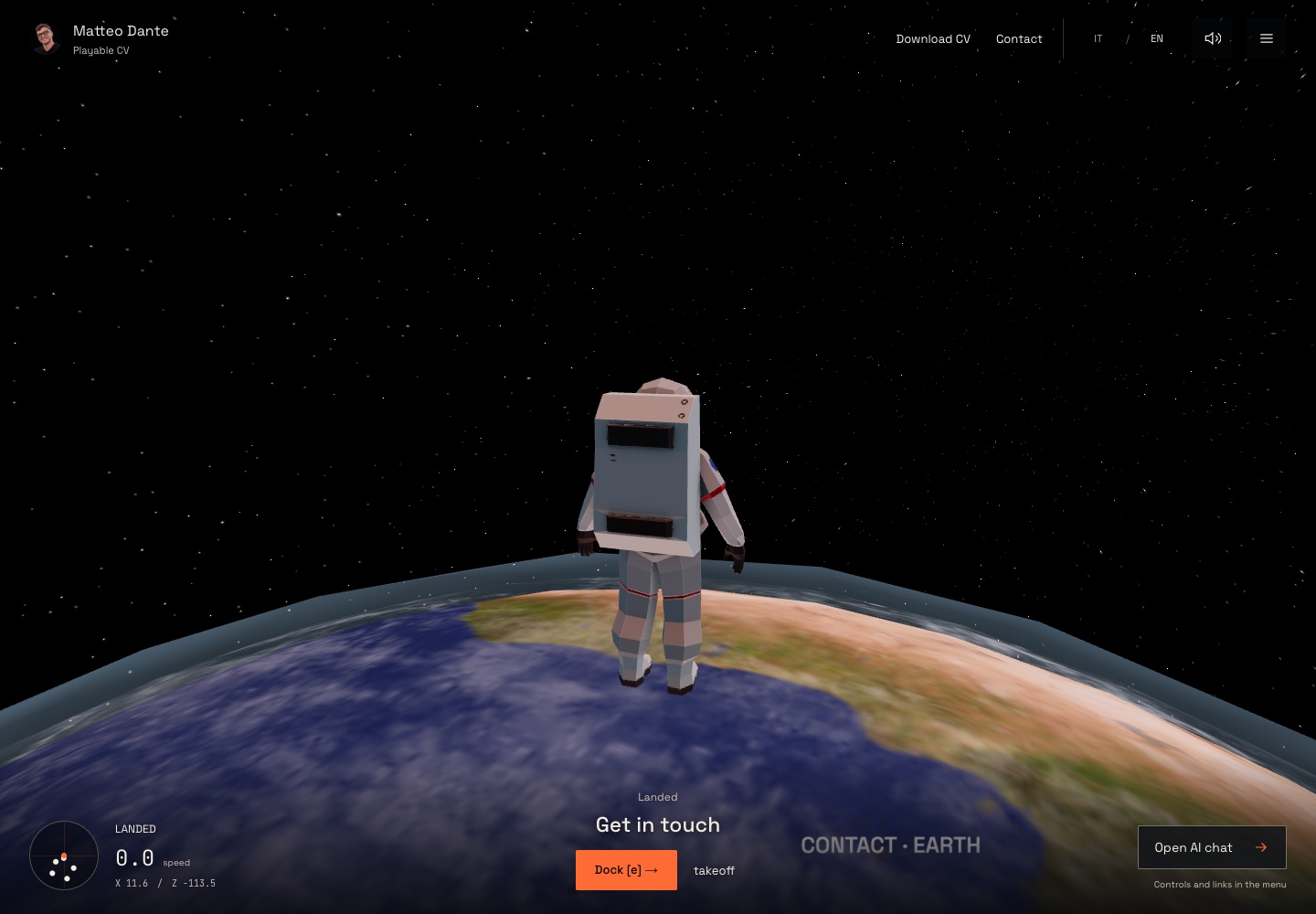 The live Portfolio Cockpit in a desktop browser, with the astronaut landed on Earth and the docking and navigation controls visible.